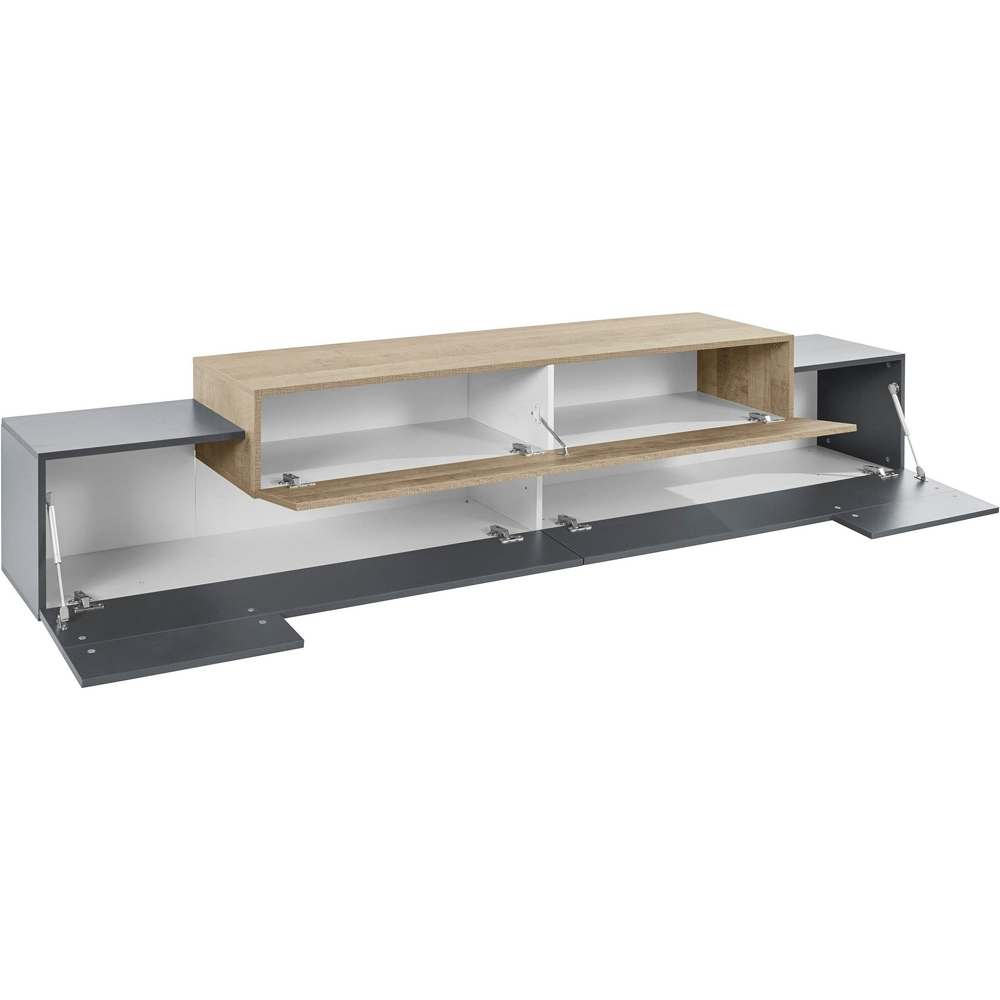 Chandler Large Wooden TV Stand With 3 Flap Doors In Anthracite And Oak