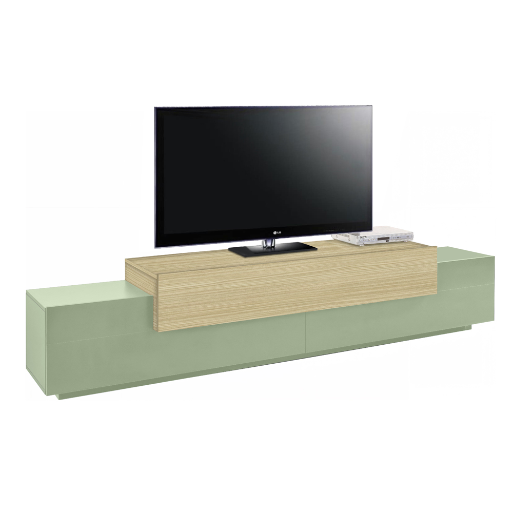 Chandler Large Wooden TV Stand With 3 Flap Doors In Sage Green And Chopin Oak