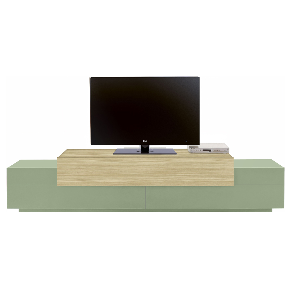 Chandler Large Wooden TV Stand With 3 Flap Doors In Sage Green And Chopin Oak