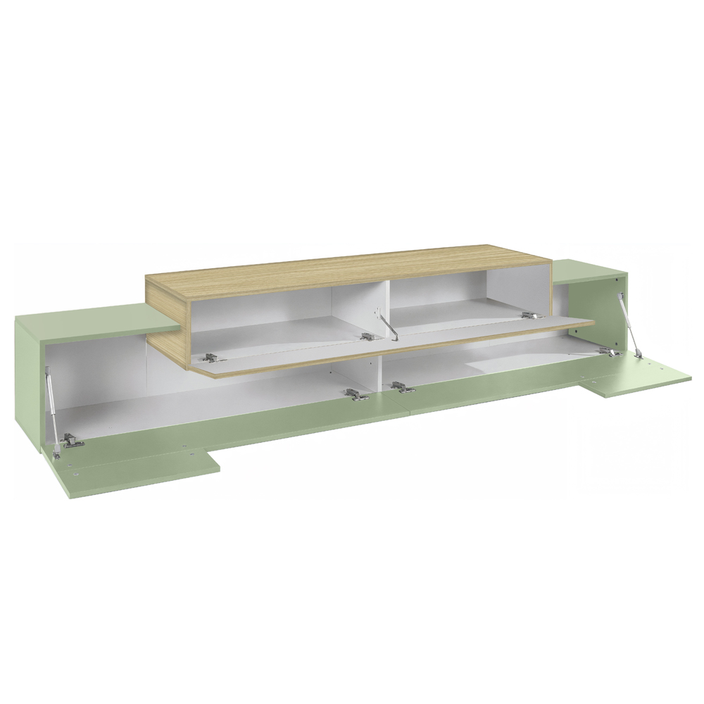 Chandler Large Wooden TV Stand With 3 Flap Doors In Sage Green And Chopin Oak