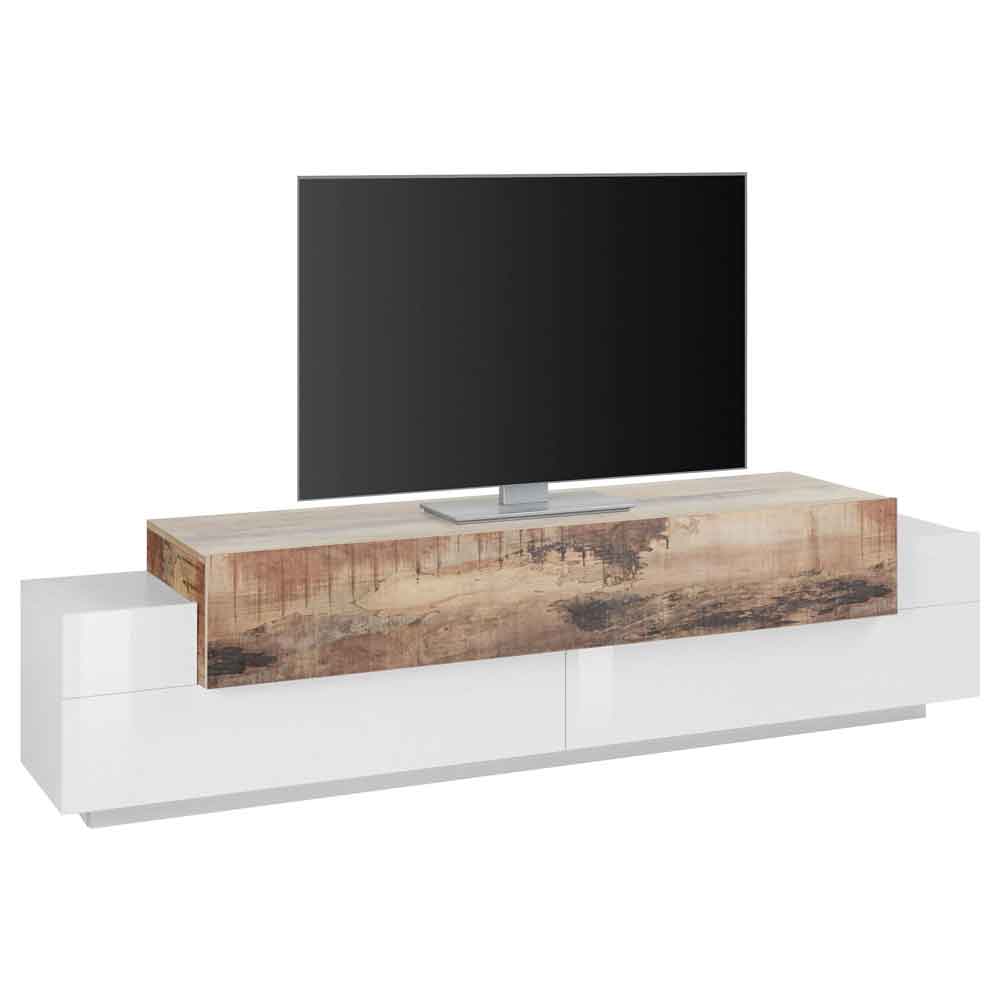 Chandler Small High Gloss TV Stand With 3 Flap Doors In White And Pereira Maple