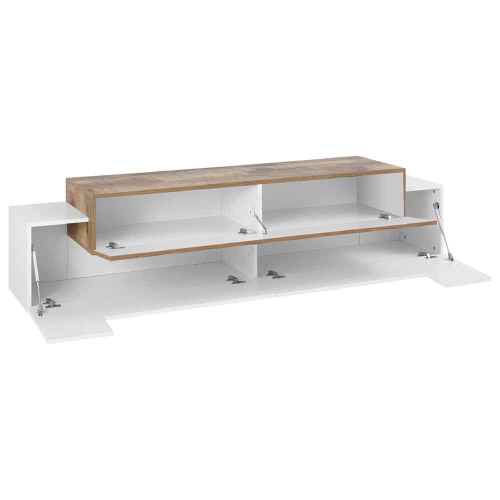 Chandler Small High Gloss TV Stand With 3 Flap Doors In White And Pereira Maple