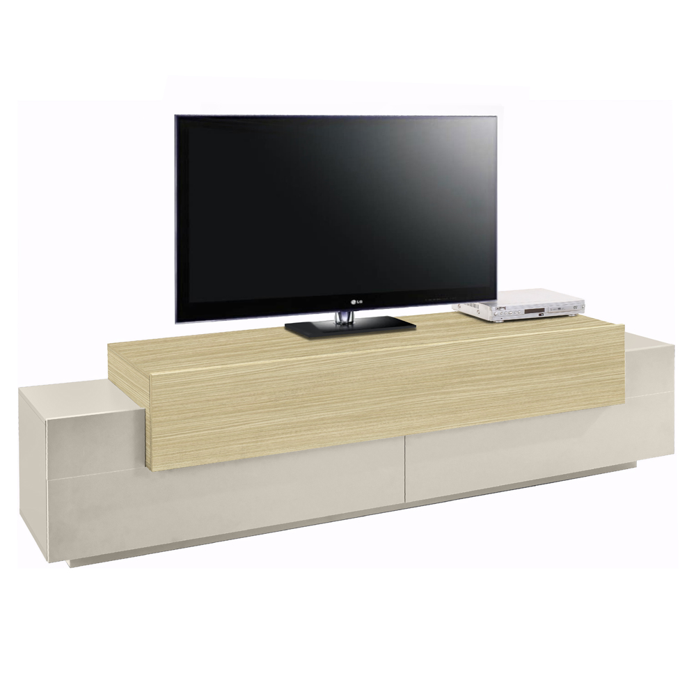Chandler Small Wooden TV Stand With 3 Flap Doors In Cashmere And Chopin Oak
