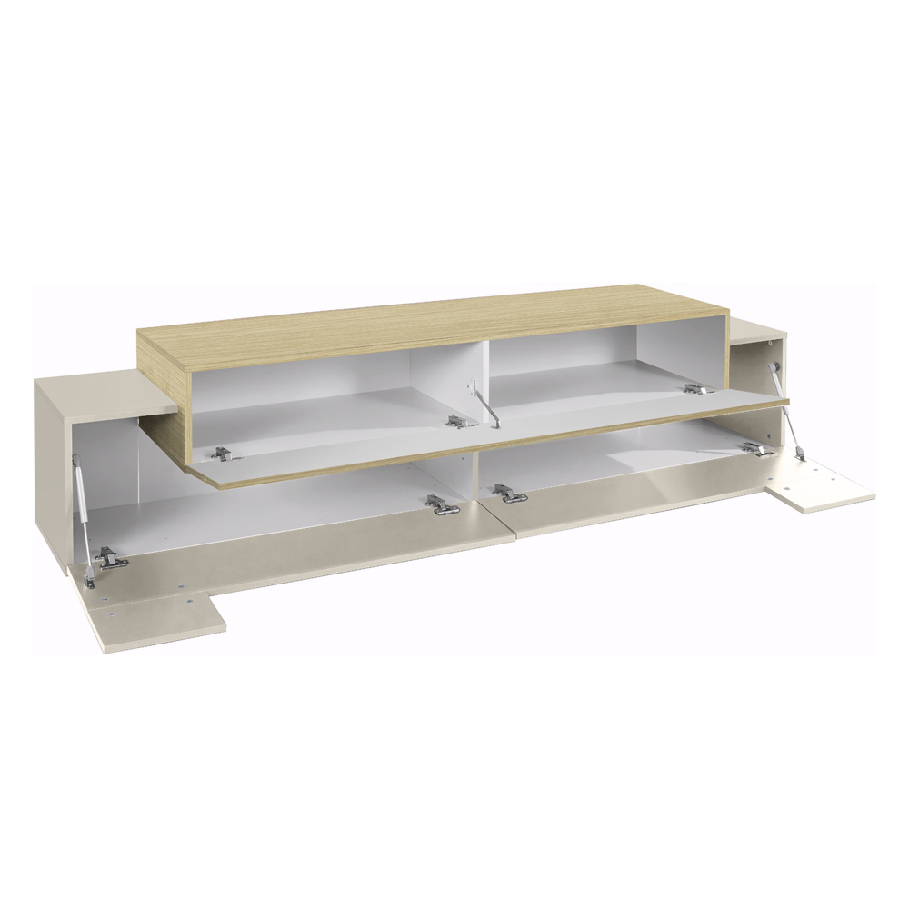 Chandler Small Wooden TV Stand With 3 Flap Doors In Cashmere And Chopin Oak