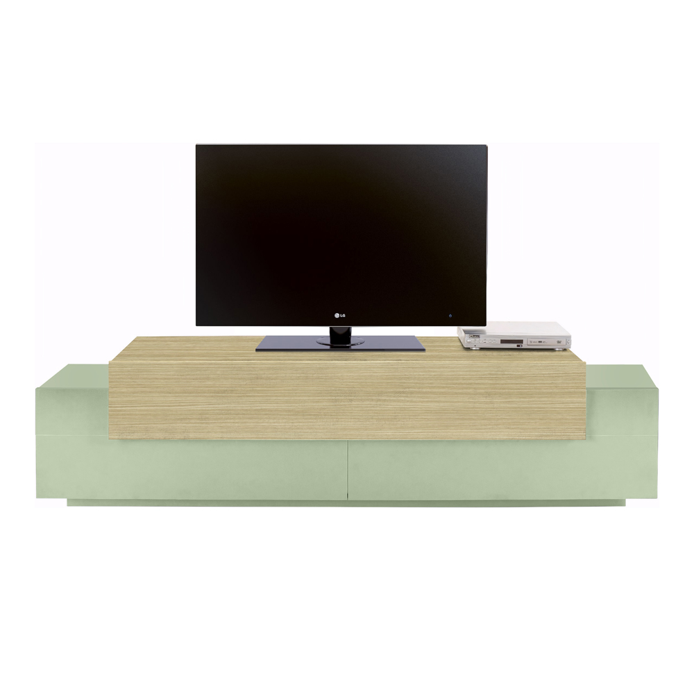 Chandler Small Wooden TV Stand With 3 Flap Doors In Sage Green And Chopin Oak