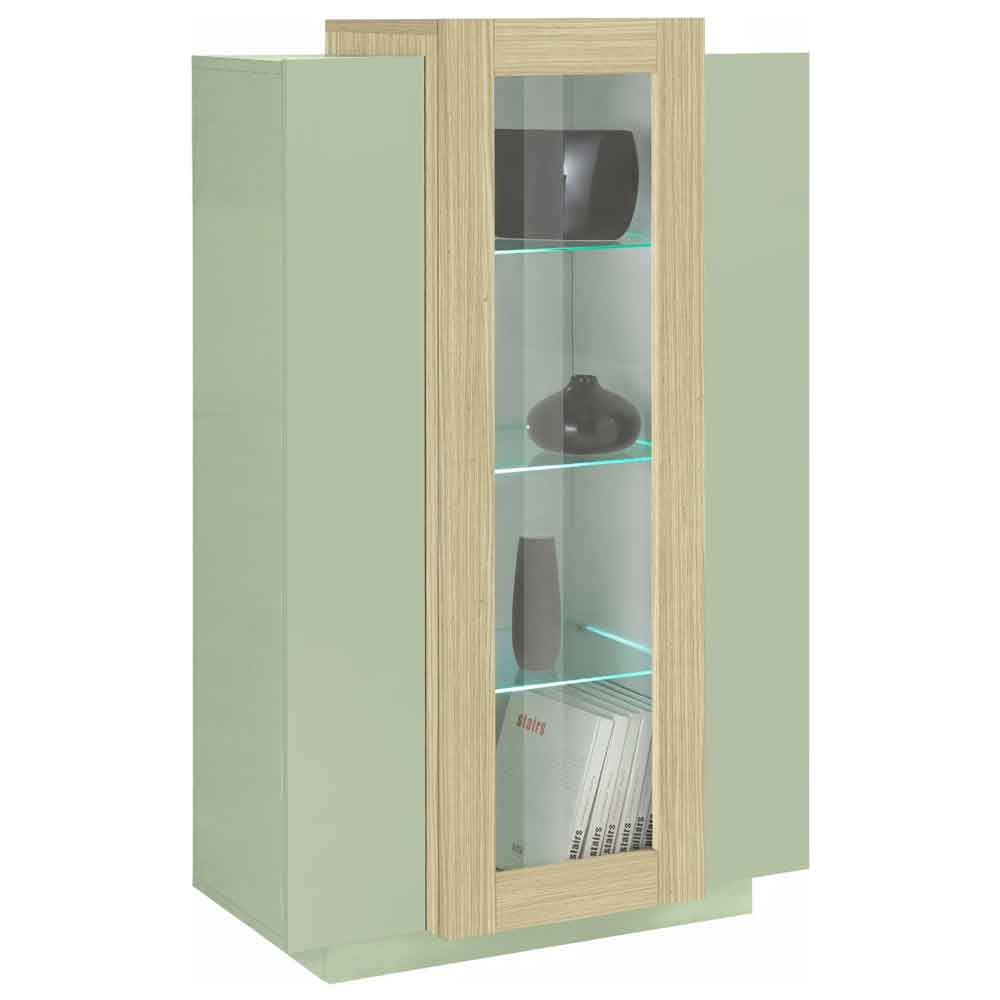Chandler Wooden Display Cabinet With 3 Doors In Sage Green And Chopin Oak