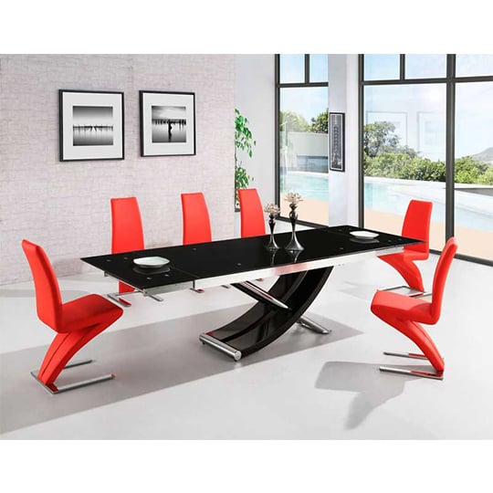View Chanelle glass extendable dining table with 6 demi red chairs