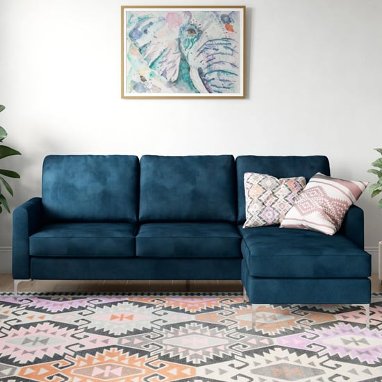 Product photograph of Chapmen Velvet Corner Sofa With Chrome Legs In Blue from Furniture in Fashion