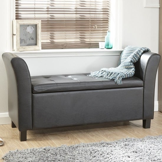 Ventnor Ottoman Seat In Black Faux Leather With Wooden Feet