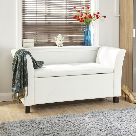 Ventnor Ottoman Seat In White Faux Leather With Wooden Feet