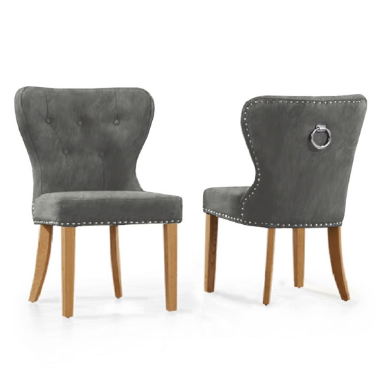 Wallace Grey Plush Fabric Dining Chairs With Oak Legs In A Pair_2