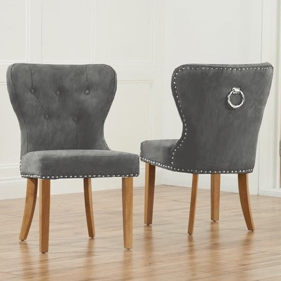 Wallace Grey Plush Fabric Dining Chairs With Oak Legs In A Pair