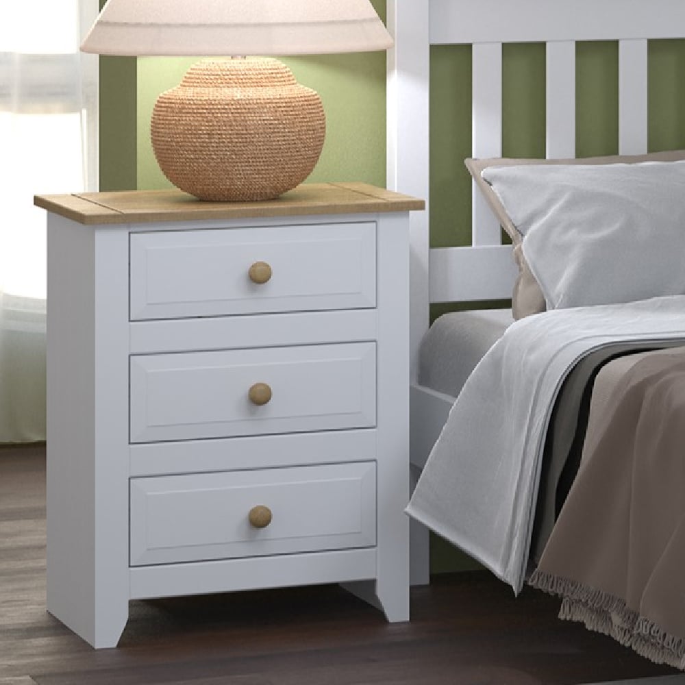 Read more about Chatfield wooden bedside cabinet with 3 drawers in white and oak