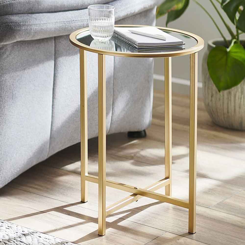 Chatham Large Round Metal End Table With Glass Top In Gold