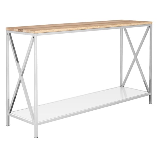 Photo of Chaw wooden console table with stainless steel frame in oak