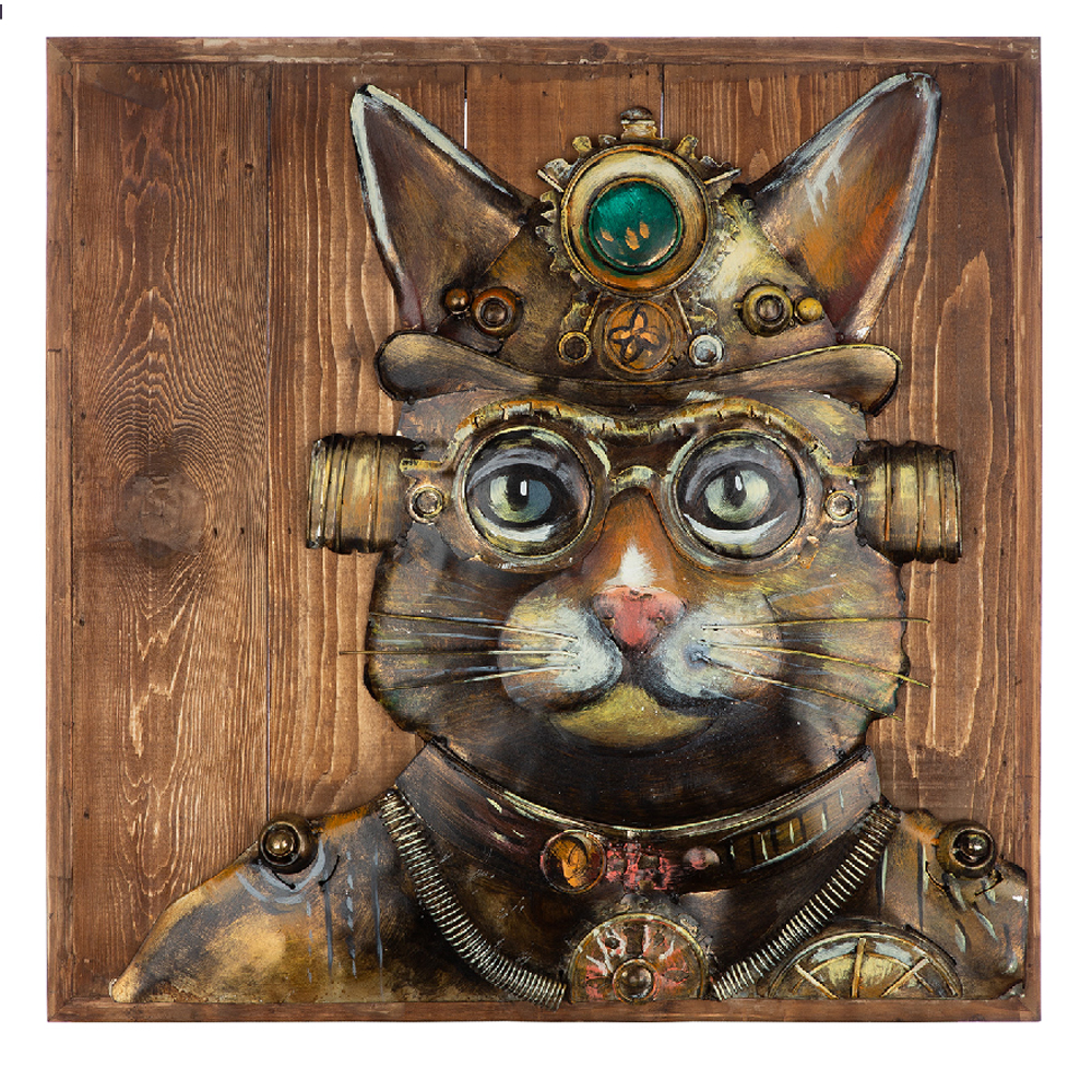 Cheam Metal Steampunk Cat Wall Art In Brown And Green