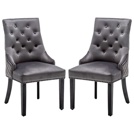 Chenoy Lion Knocker Dark Grey Velvet Dining Chairs In Pair