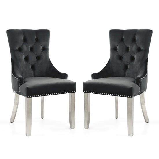Photo of Cankaya black velvet accent chairs with silver legs in pair