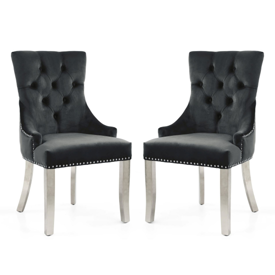 Photo of Cankaya black velvet accent chairs with silver legs in pair