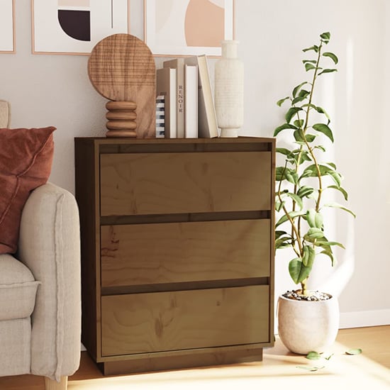 Product photograph of Chevis Solid Pinewood Chest Of 3 Drawers In Honey Brown from Furniture in Fashion