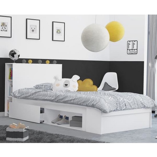 Chevron Wooden Childrens Bed In Matt White With 2 Drawers