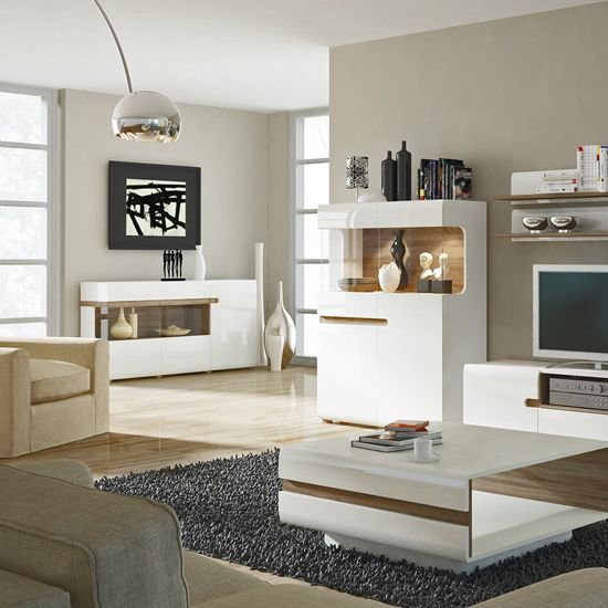 Cheya High Gloss Sideboard With 3 Doors In White Truffle Oak