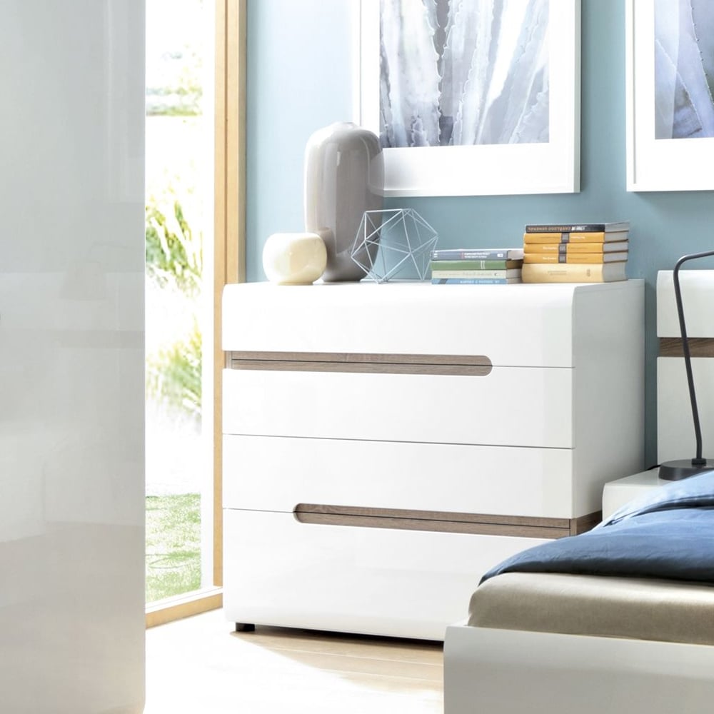 Cheya High Gloss Chest Of 4 Drawers In White And Truffle Oak