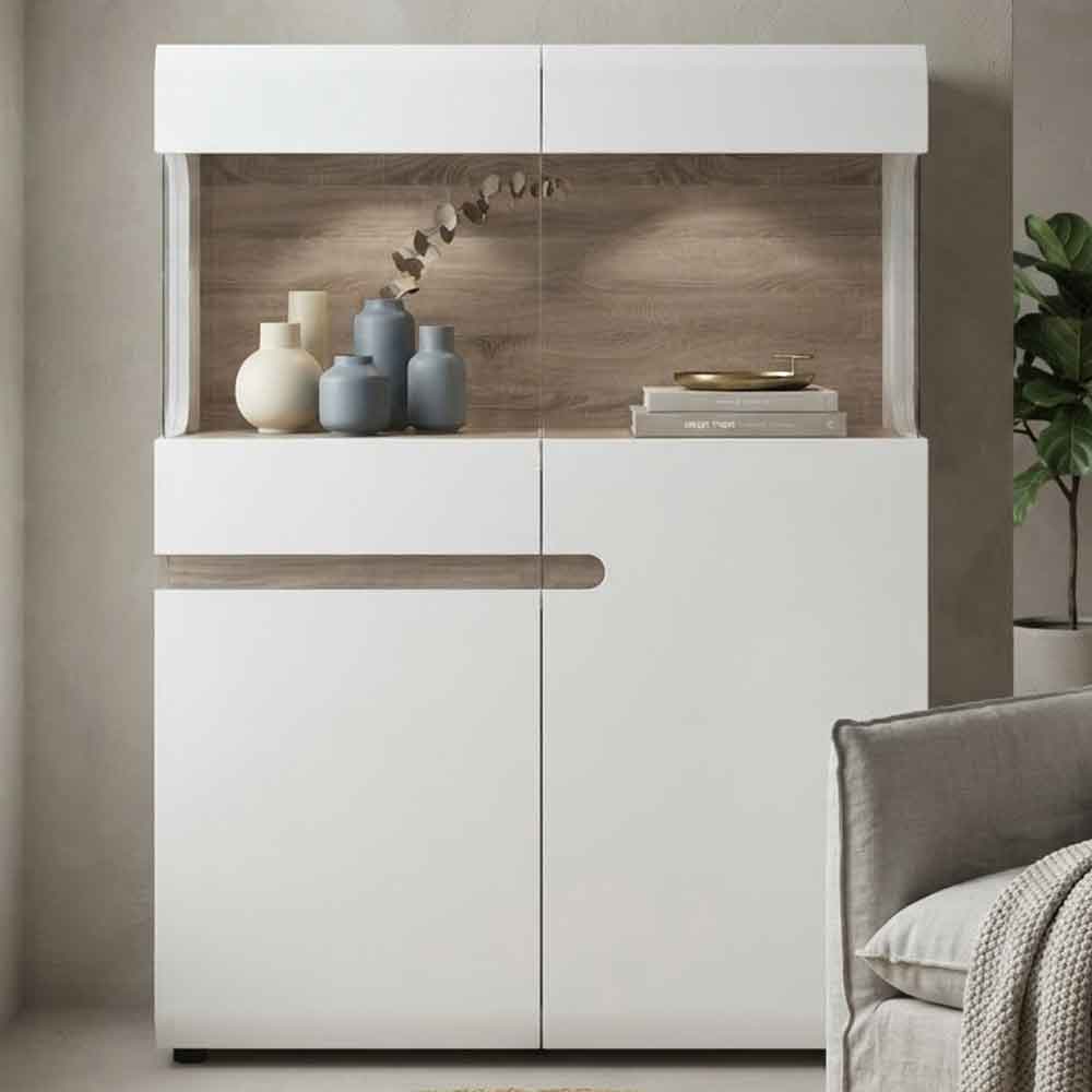 Cheya High Gloss Display Cabinet in White And Truffle Oak