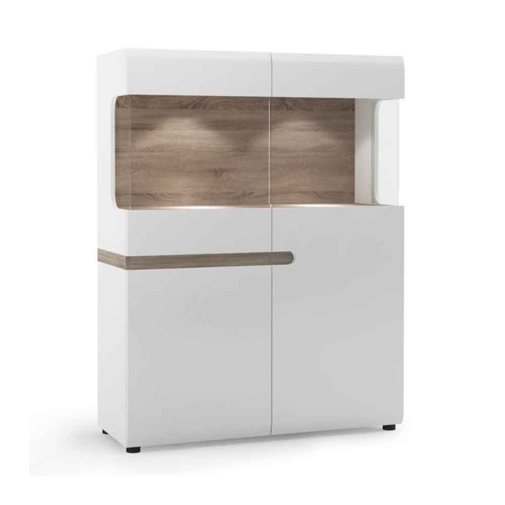 Cheya High Gloss Display Cabinet in White And Truffle Oak