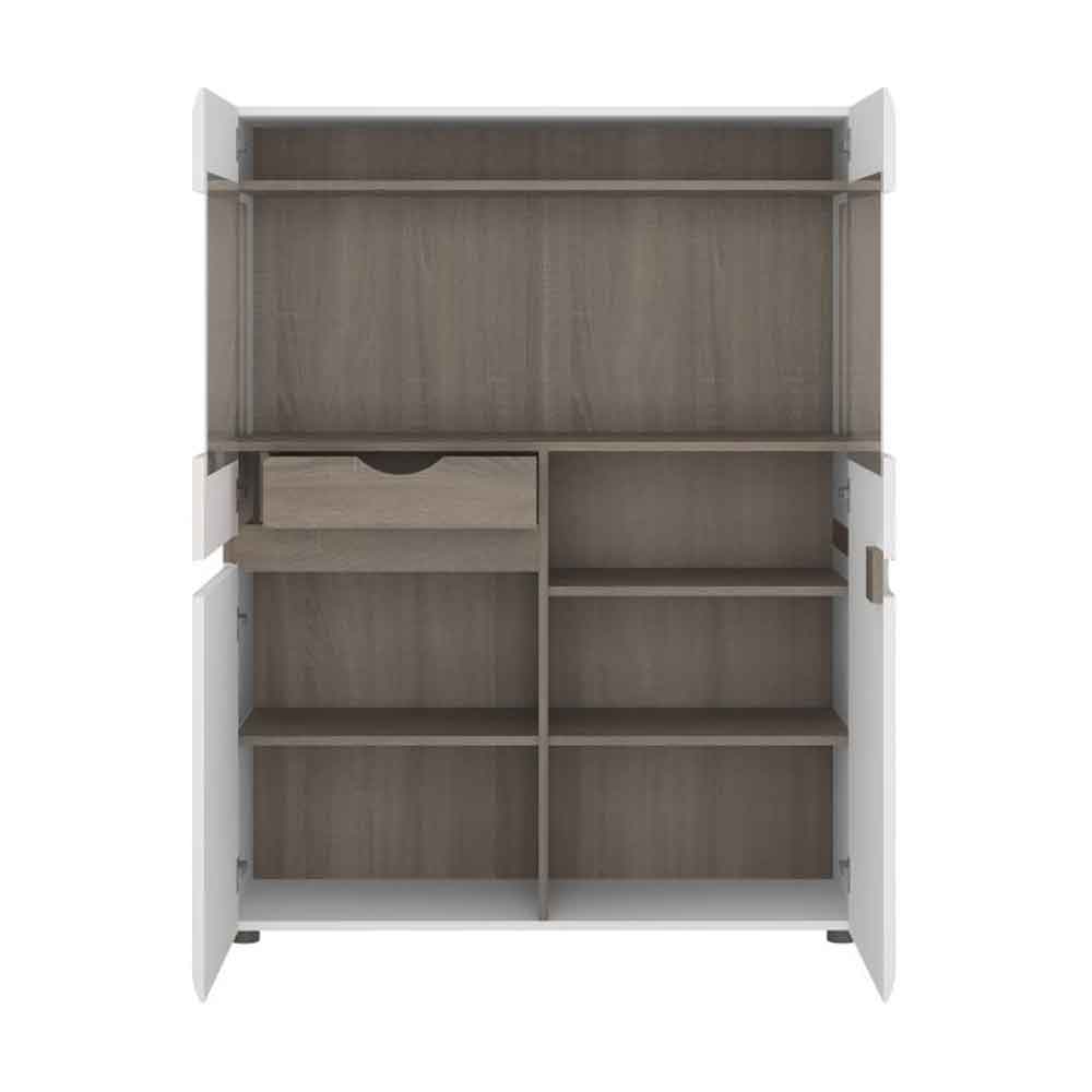 Cheya High Gloss Display Cabinet in White And Truffle Oak