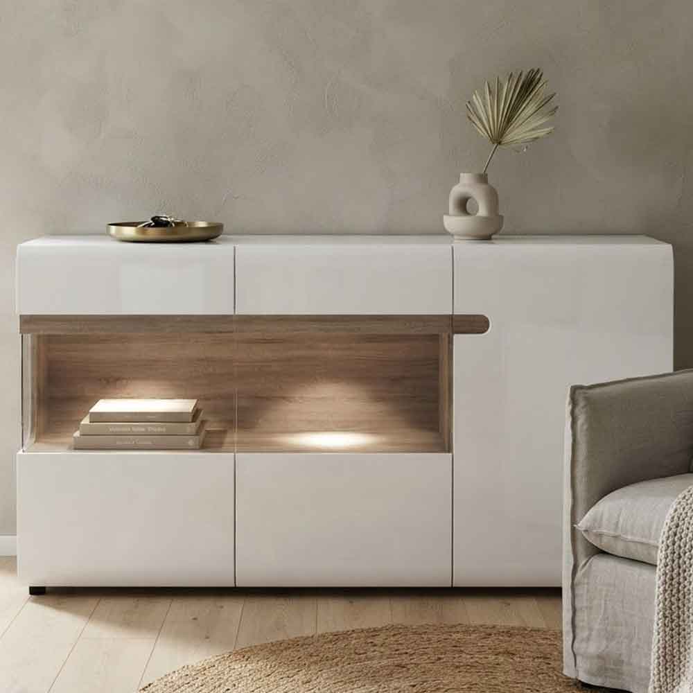 Cheya High Gloss Sideboard with 3 Doors in White and Truffle Oak