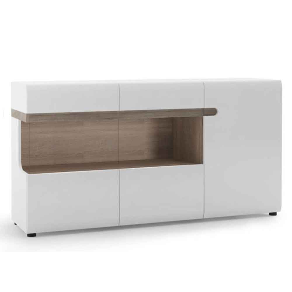 Cheya High Gloss Sideboard with 3 Doors in White and Truffle Oak
