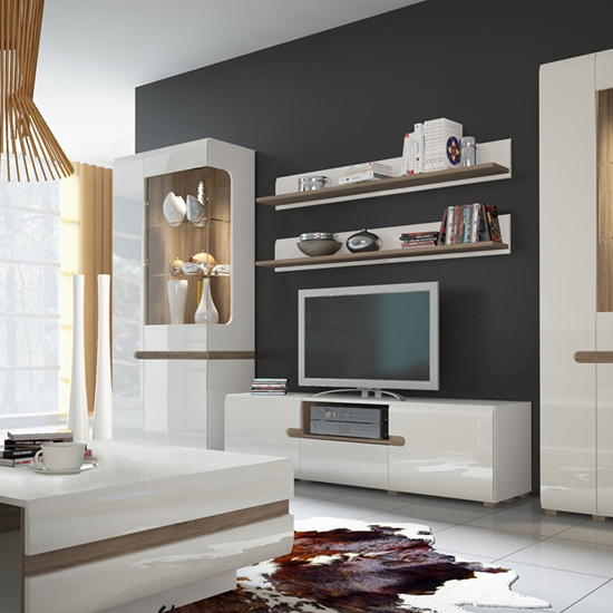 Cheya LED Tall Left Handed Display Unit In White Gloss And Oak