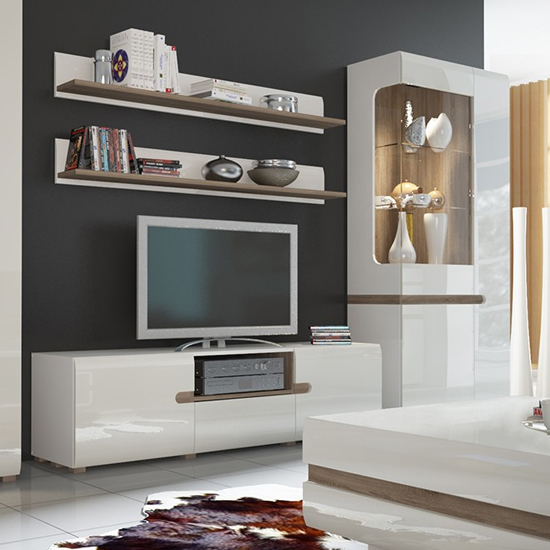 Cheya LED Tall Right Handed Display Unit In White Gloss And Oak