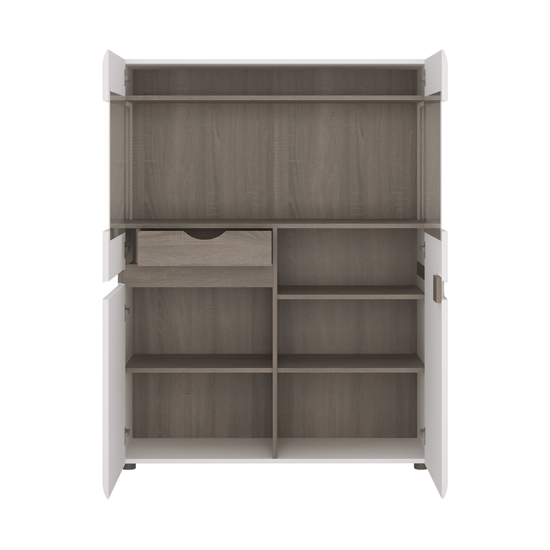 Cheya LED Wide Display Cabinet In White Gloss And Truffle Oak