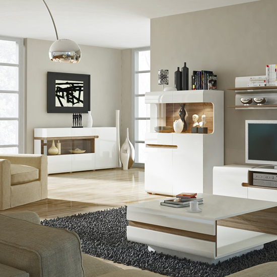 Cheya LED Wide Display Cabinet In White Gloss And Truffle Oak