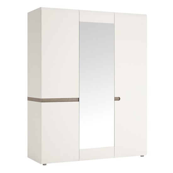 Product photograph of Cheya Mirrored 3 Doors Gloss Wardrobe In White And Truffle Oak from Furniture in Fashion