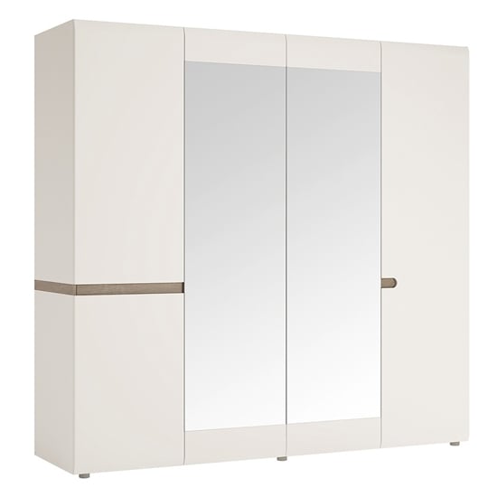 Product photograph of Cheya Mirrored 4 Doors Gloss Wardrobe In White And Truffle Oak from Furniture in Fashion