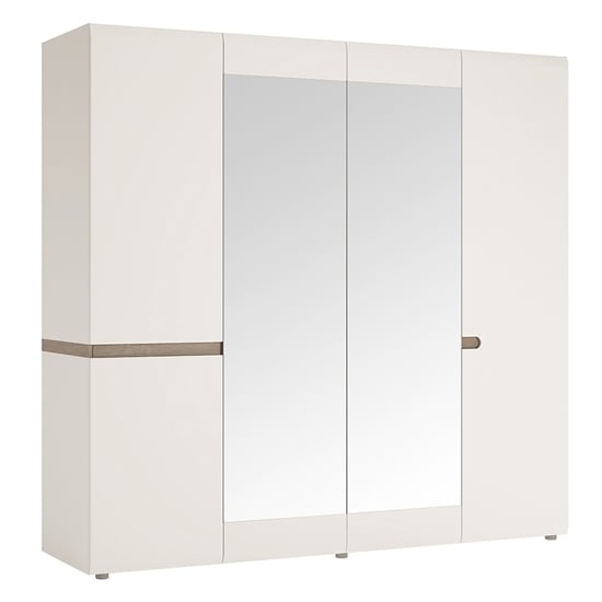 Photo of Cheya mirrored 4 doors gloss wardrobe in white and truffle oak