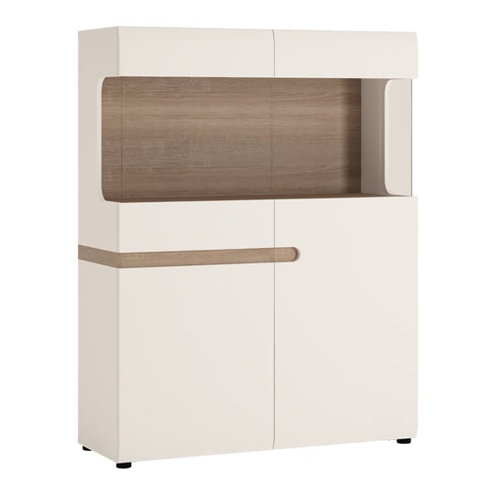 Product photograph of Cheya Wide Display Cabinet In White Gloss And Truffle Oak from Furniture in Fashion