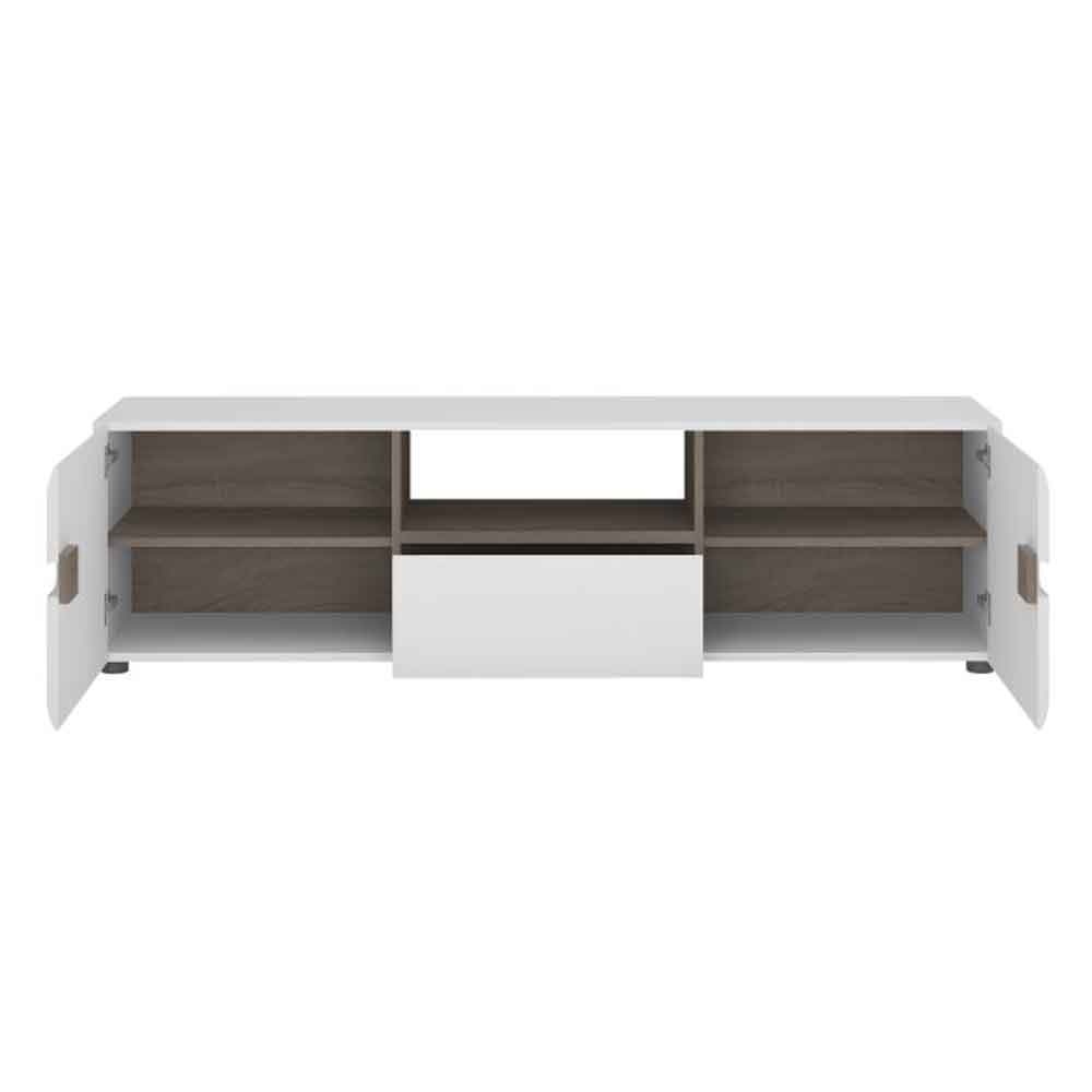 Cheya Wide High Gloss TV Stand in White And Truffle Oak