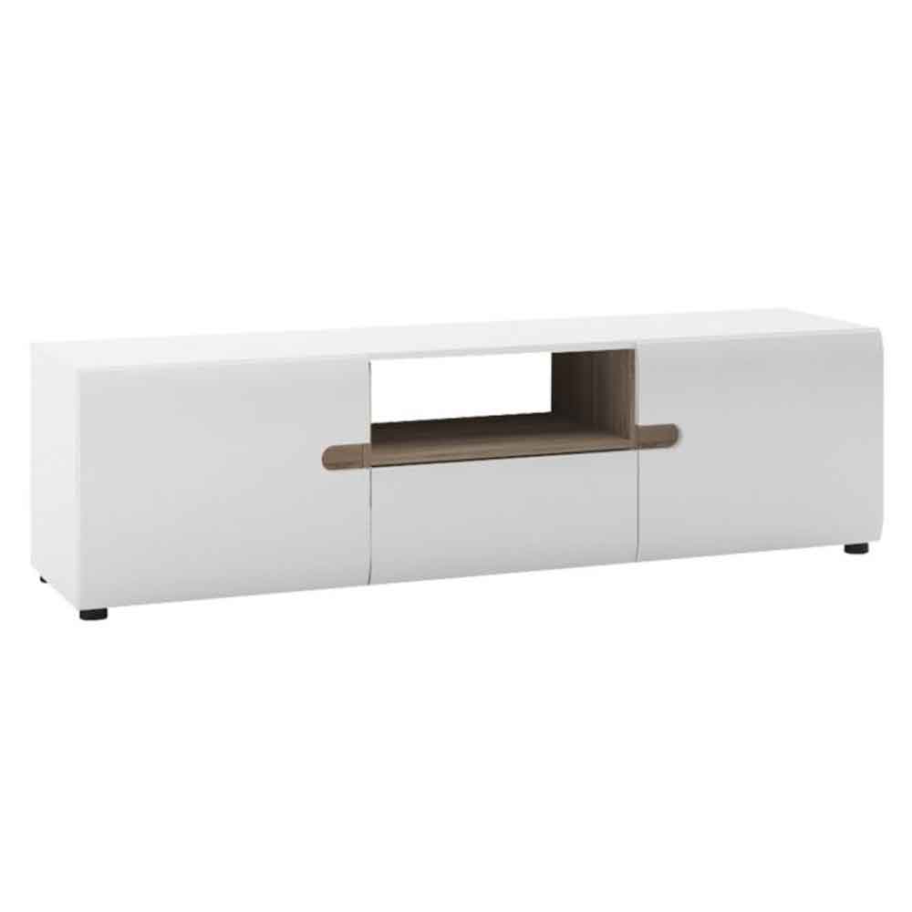 Cheya Wide High Gloss TV Stand in White And Truffle Oak