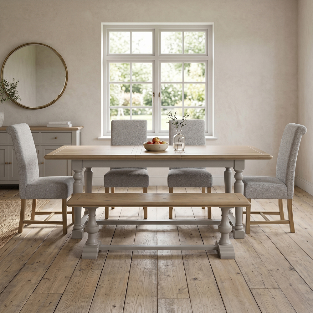 Chilton Grey and Natural Wooden Extending Dining Table with 4 Beige Chairs and 1 Bench