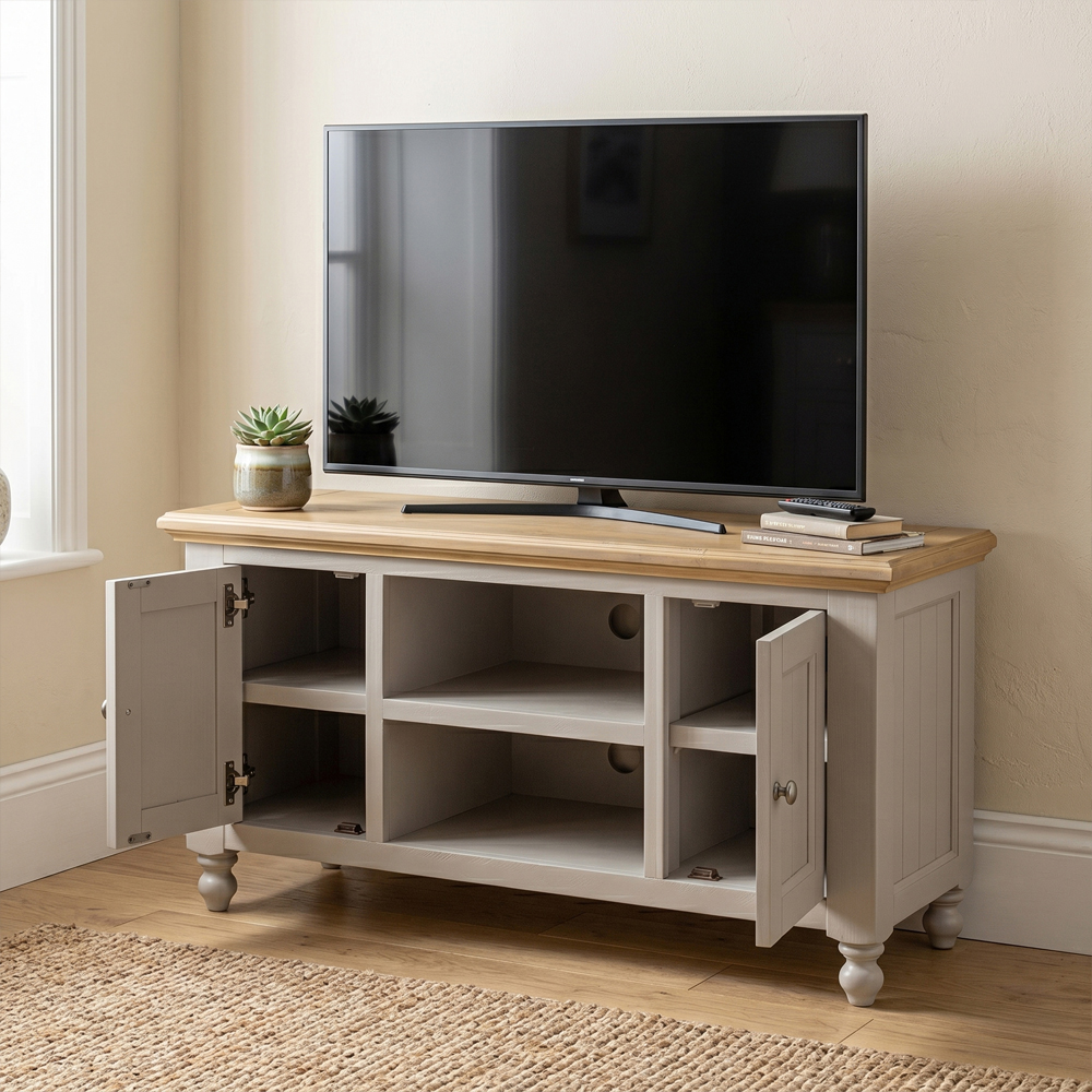 Chilton Small Wooden TV Stand with 2 Doors in Grey and Natural
