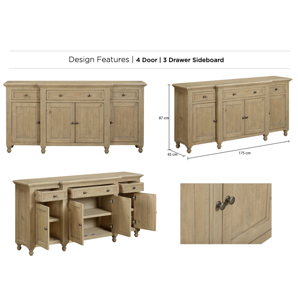 Chilton Wooden Sideboard With 4 Doors 3 Drawers - Rustic Oak