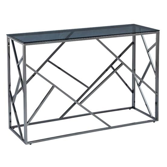 Chios Glass Console Table In Smoked Blue Grey With Titanium Frame