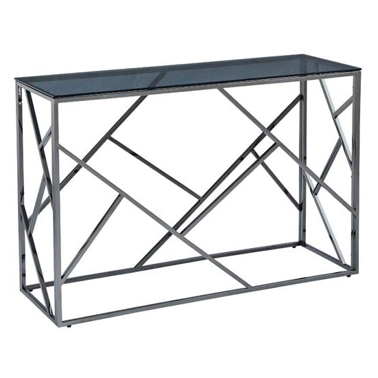 Read more about Chios glass console table in smoked blue grey with titanium frame