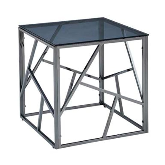 Chios Glass End Table In Smoked Blue Grey With Titanium Frame