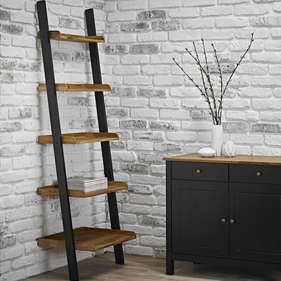 Product photograph of Chollerford Wooden Ladder Shelving Unit In Natural And Black from Furniture in Fashion