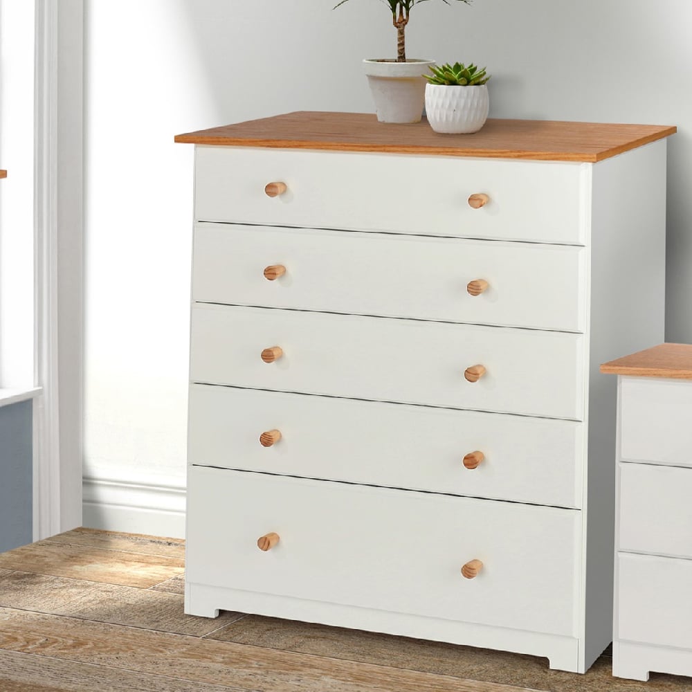 Read more about Chorley wooden chest of 5 drawers in white and oak